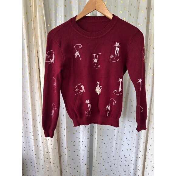 Unbranded Silkscreen Crazy Cat Lady Pearls Embellishment Knit Crewneck Sweater - Picture 2 of 4